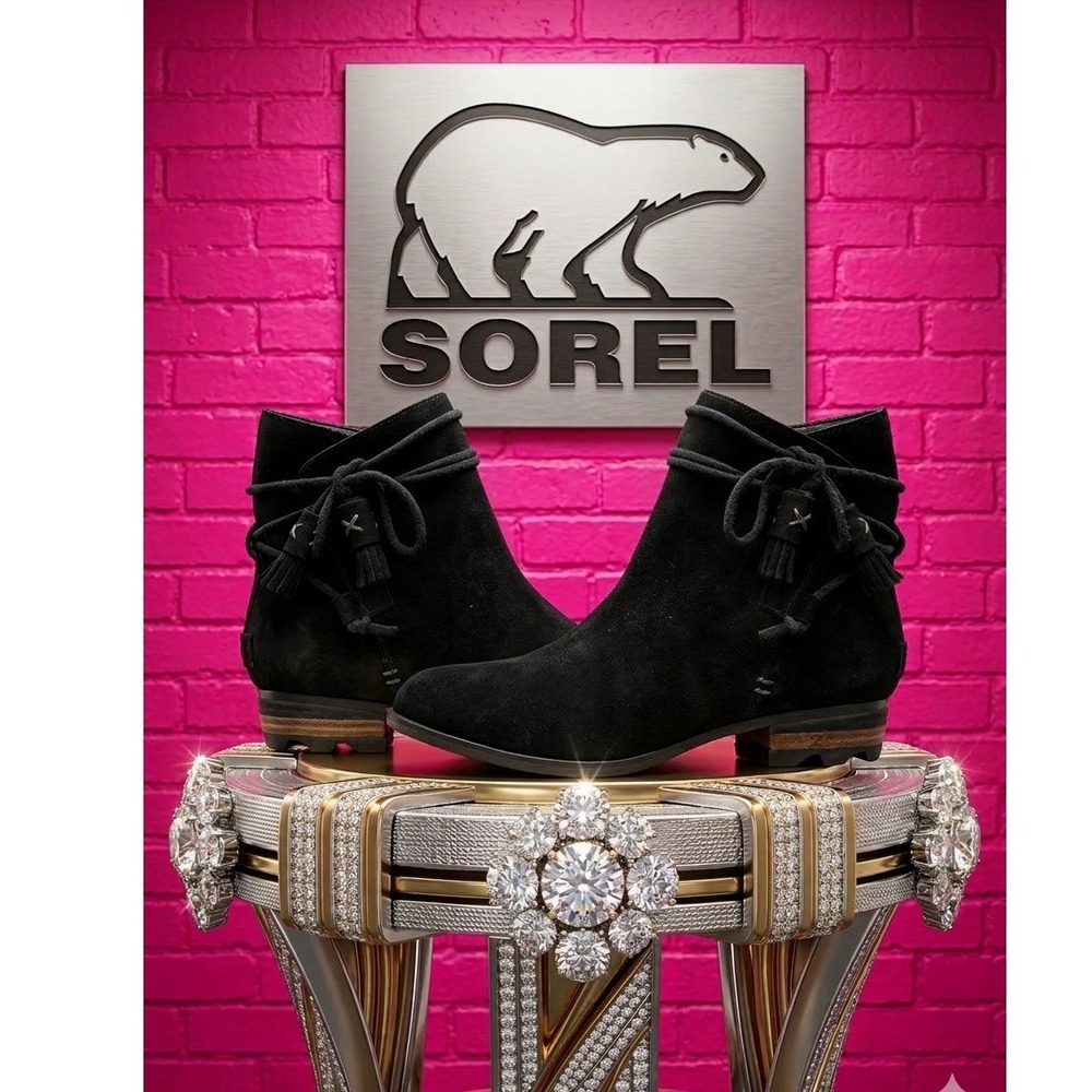 🔥Sorel 🖤Black Suede Tassel Ankle Boots Waterproof Boho Western‎ Bootie 8.5